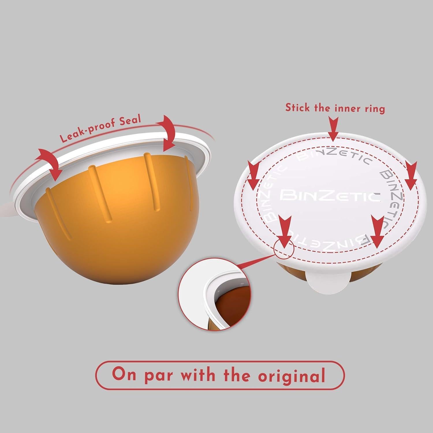 100 Tapas de Sellado Aluminio BinZetic para Nespresso Vertuo 62mm