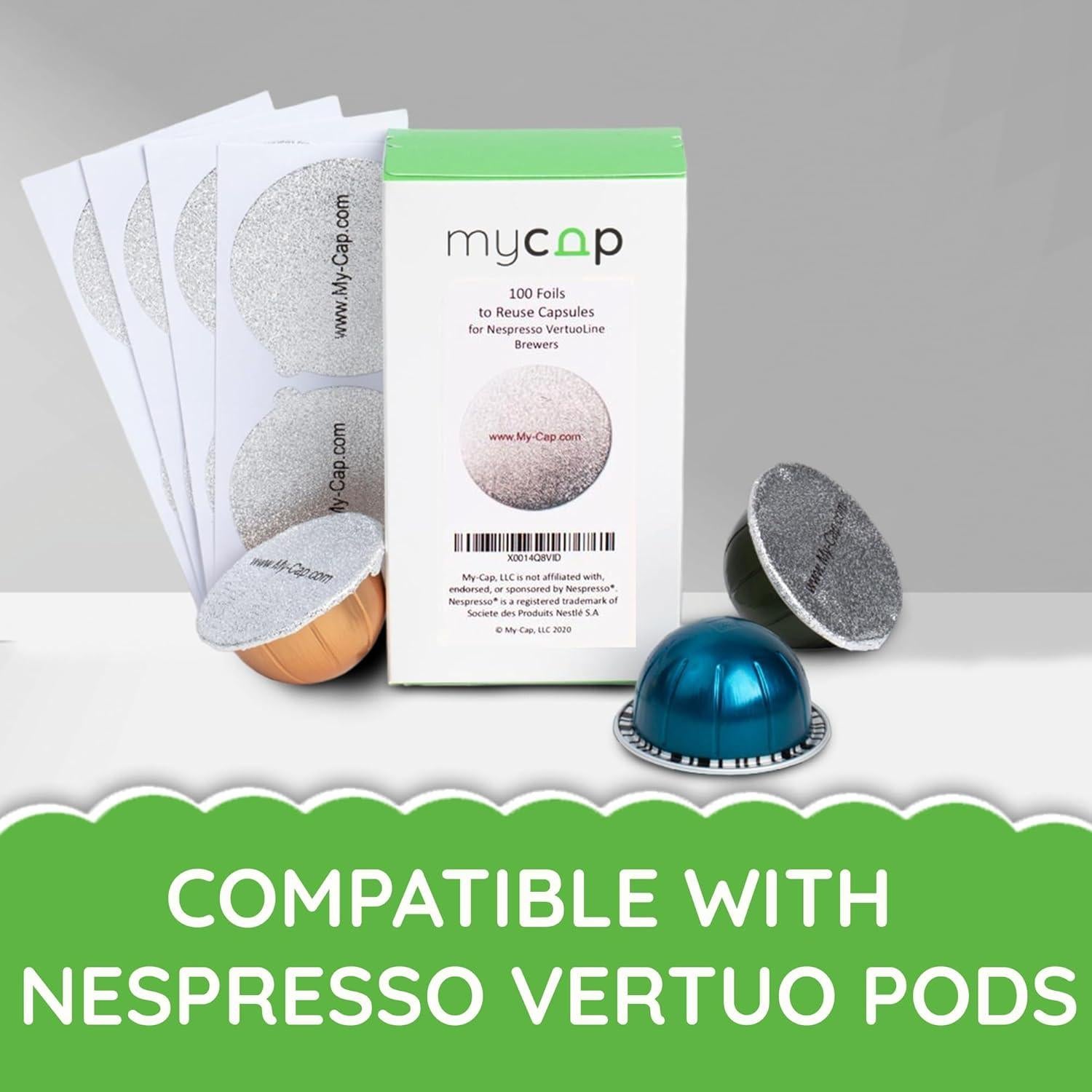 Sellos de Aluminio My-Cap para Cápsulas Nespresso Vertuo - 100 Unidades