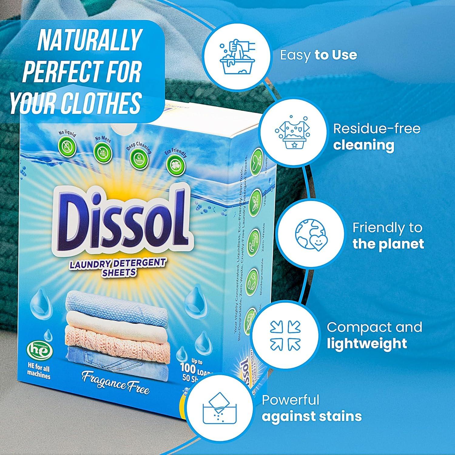 Hojas de Detergente para Ropa Dissol - 50 Hojas Hipoalergénicas