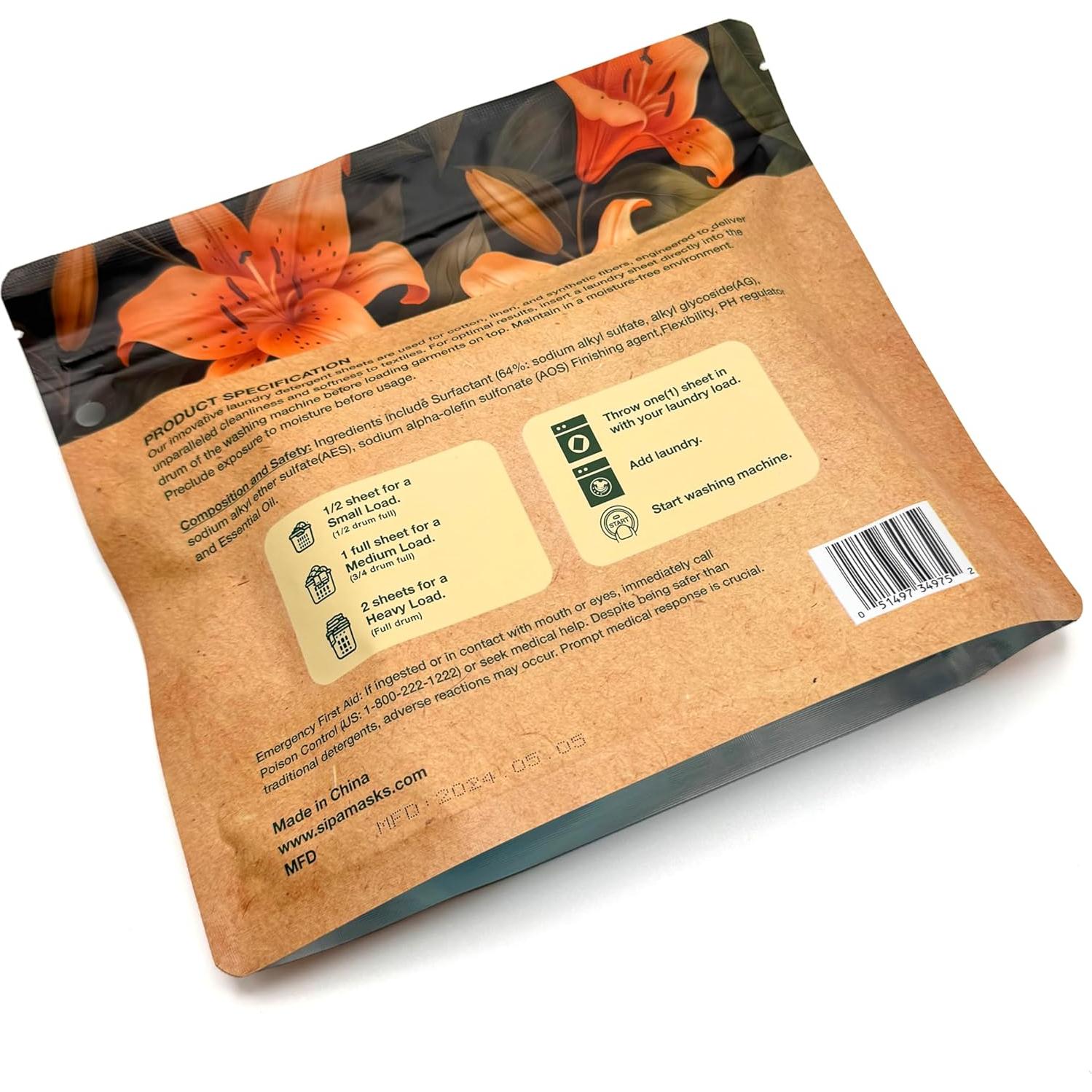 Hojas de Detergente para Ropa SIPA - 30 Hojas, Aroma Lirio