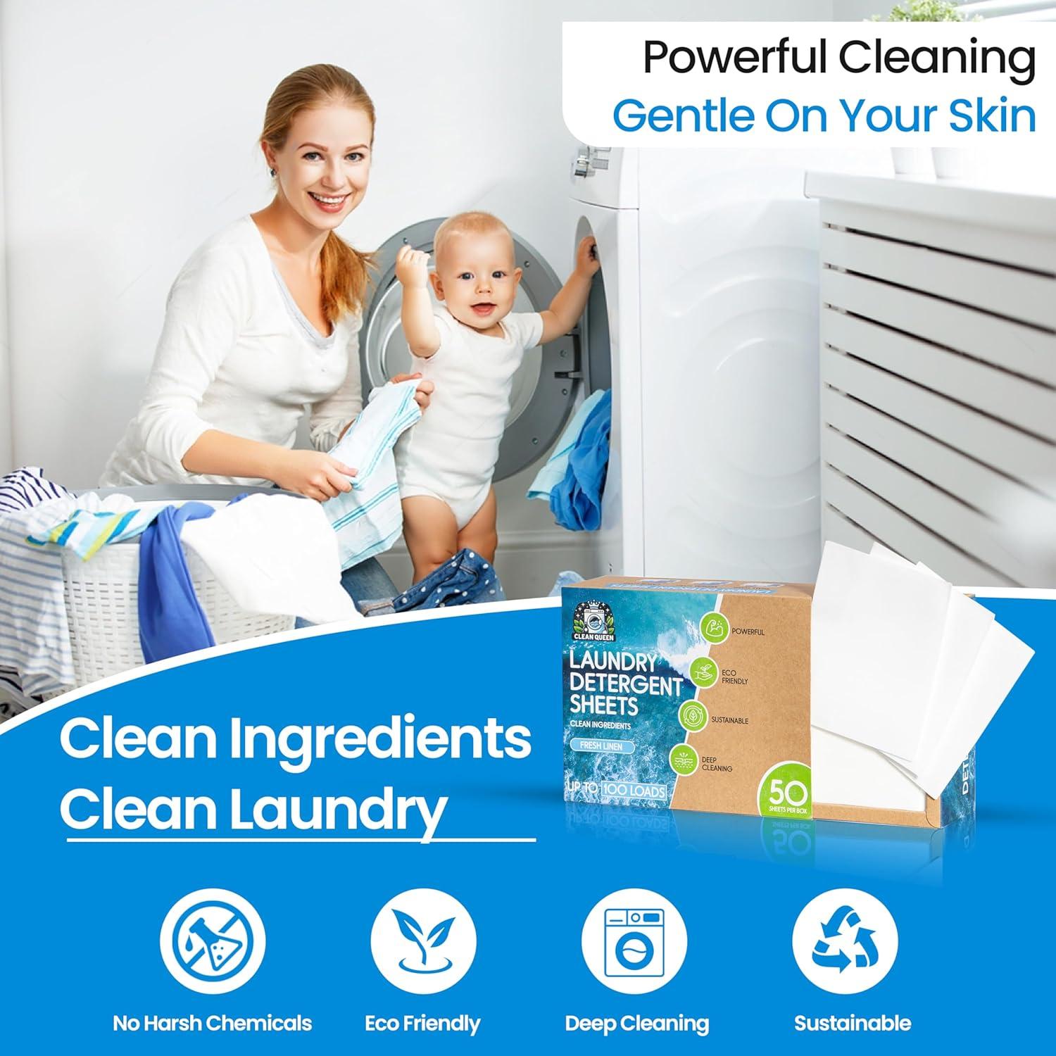 Hojas de Detergente para Ropa Clean Queen - 100 Cargas Ecológicas