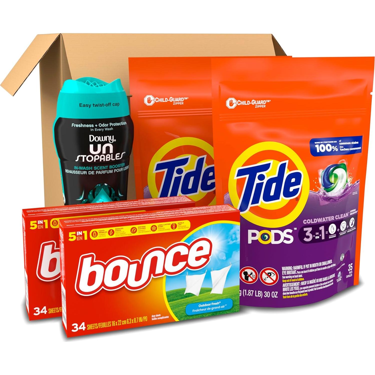 Paquete de Cuidado de Ropa Tide, Downy y Bounce - 5 Artículos