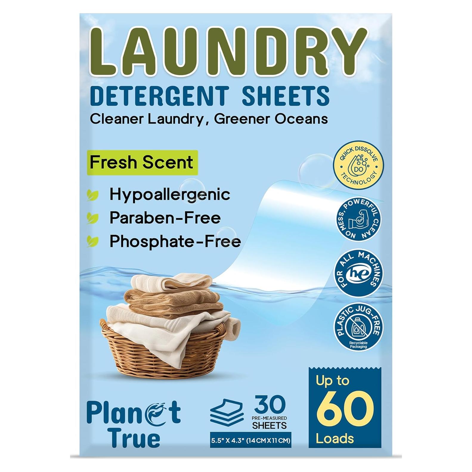 Hojas de detergente ecológicas Planet True - 30 unidades, fragancia fresca