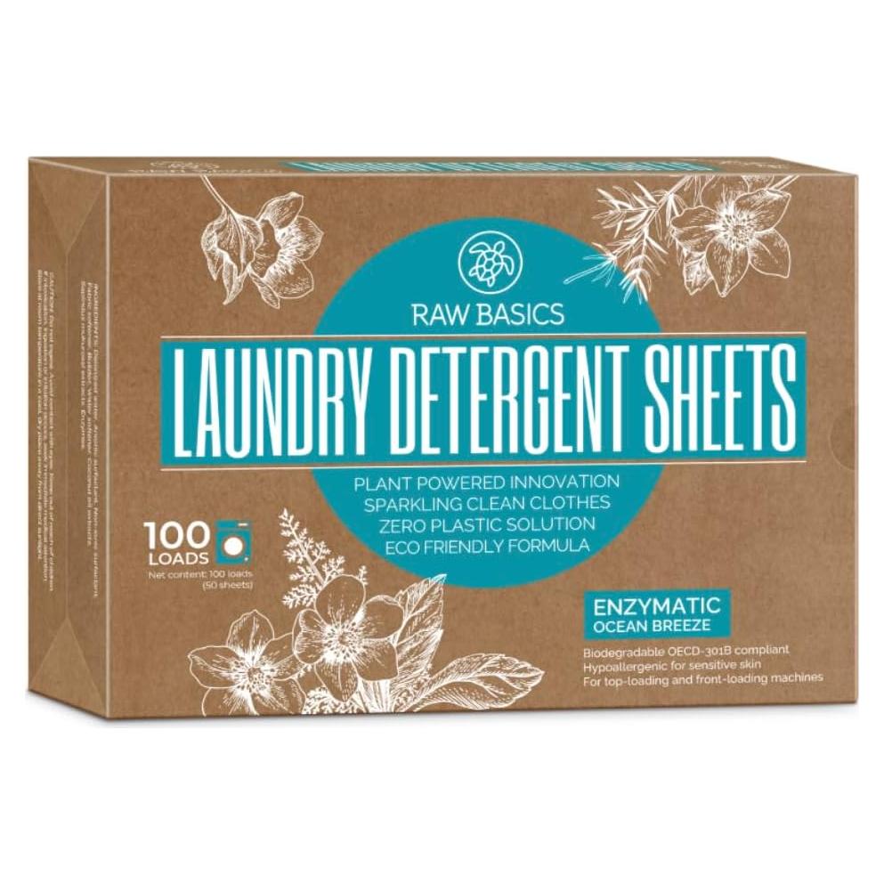 Hojas de Detergente para Ropa Raw Basics - Aroma Brisa Oceánica - 50 Hojas para 100 Cargas