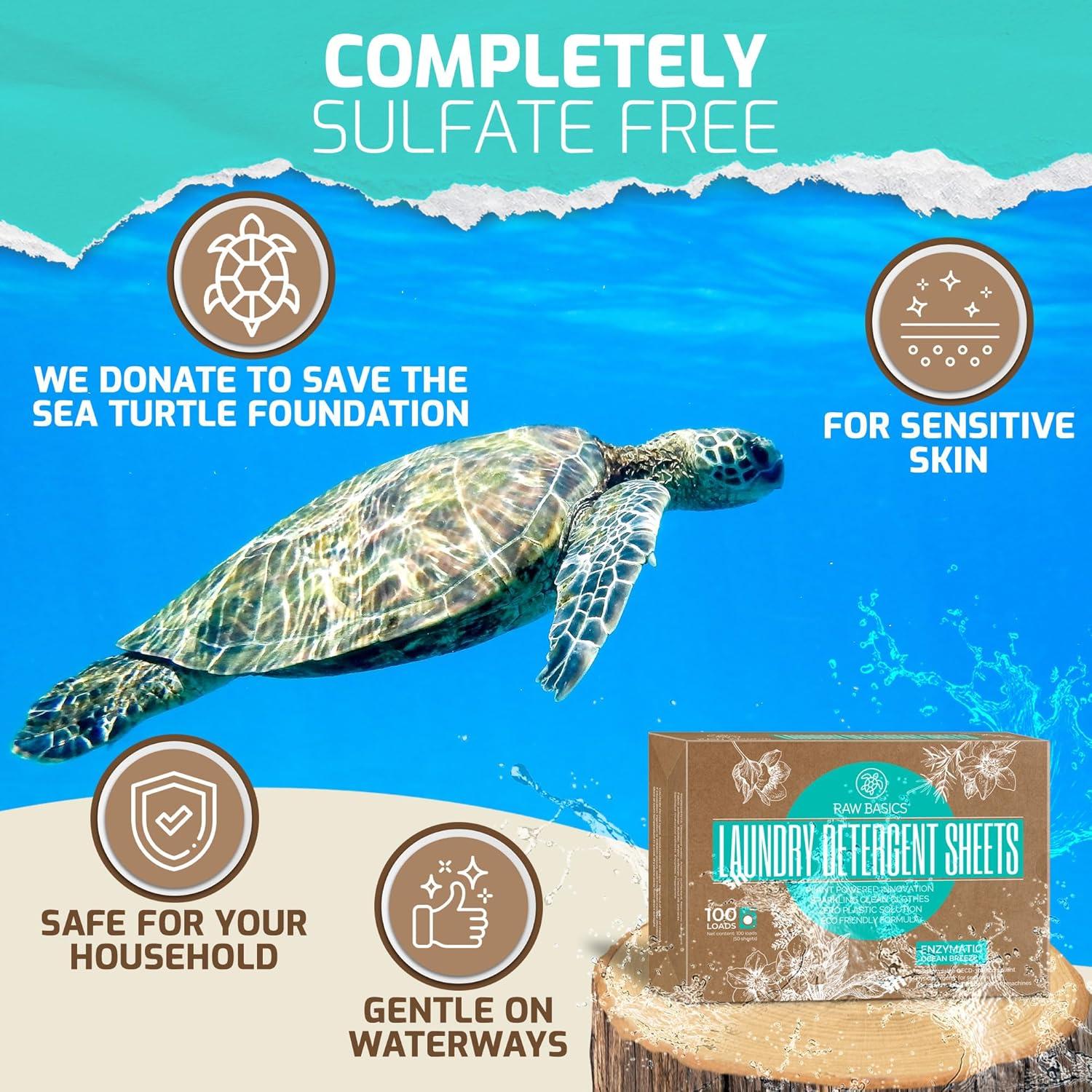 Hojas de Detergente para Ropa Raw Basics - Aroma Brisa Oceánica - 50 Hojas para 100 Cargas