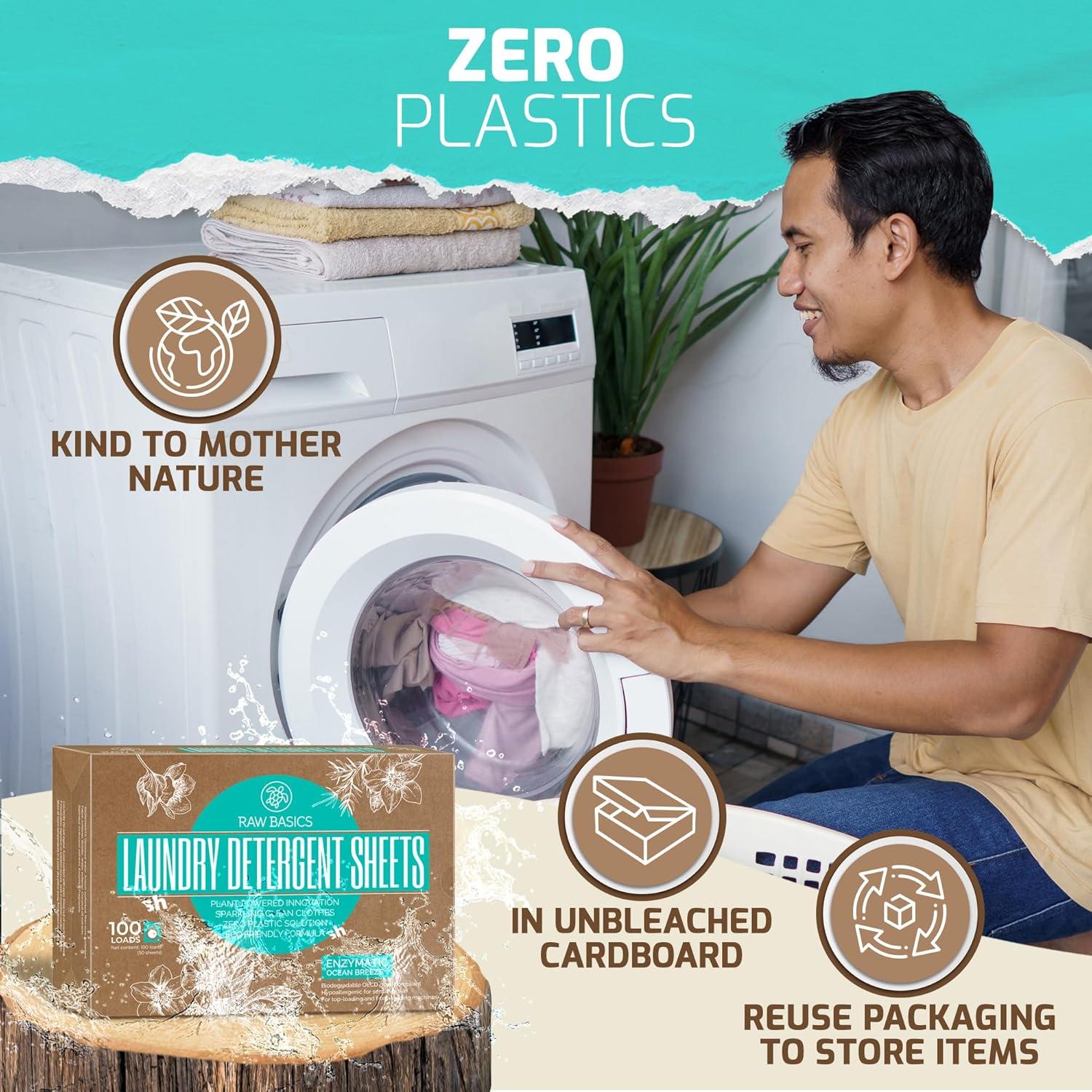 Hojas de Detergente para Ropa Raw Basics - Aroma Brisa Oceánica - 50 Hojas para 100 Cargas