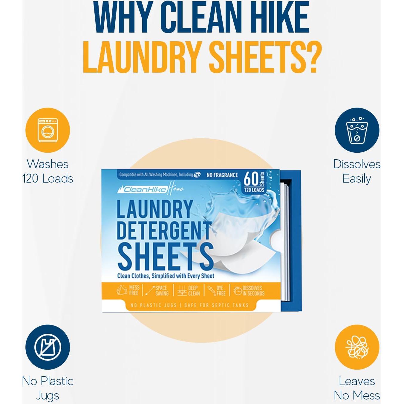 Hojas de detergente CleanHike - 120 cargas hipoalergénicas