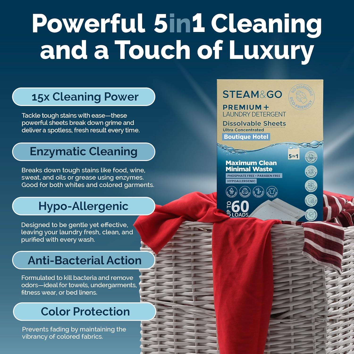 Hojas de detergente Premium+ Steam and Go 5 en 1 - 30 Ct