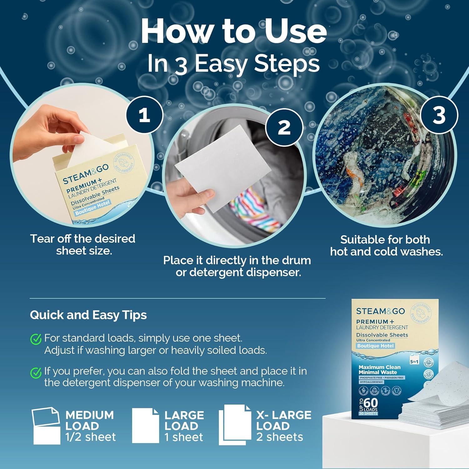 Hojas de detergente Premium+ Steam and Go 5 en 1 - 30 Ct