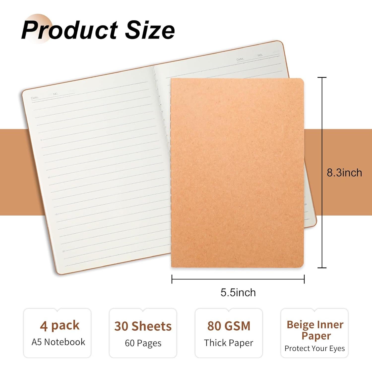 Cuadernos A5 Rayados Kraft miikoul - 4 Pack 60 Páginas