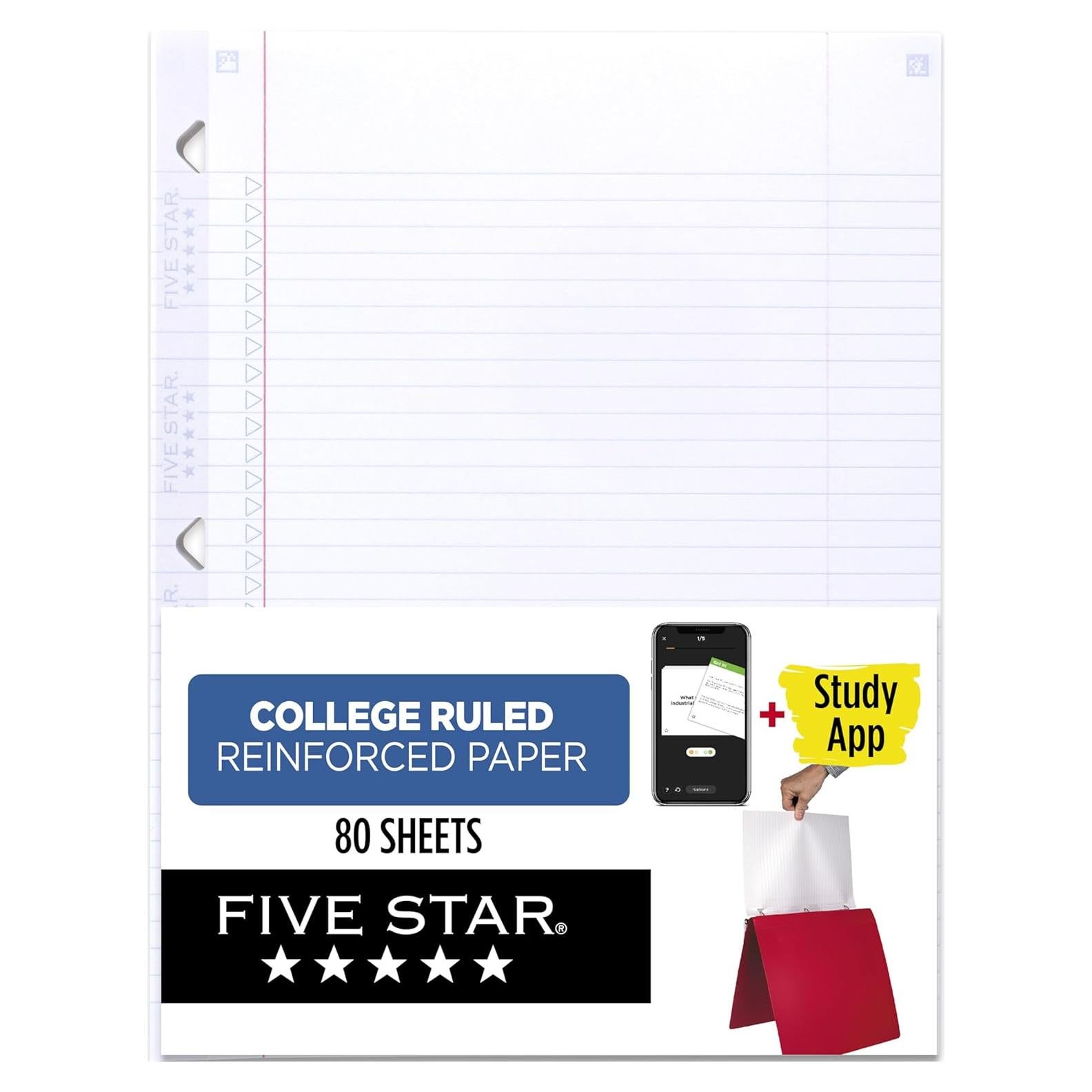 Five Star Loose Leaf Paper + Study App, College Ruled Filler Notebook Paper, Reinforced, Fights Ink Bleed, 8-1/2" x 11", 80 Sheets (170102)