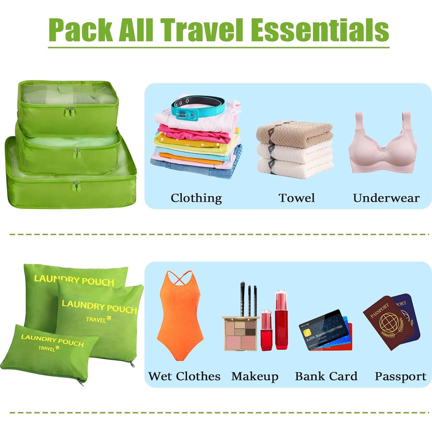 Set de 6 Cubos de Empaque INVODA para Viaje Verde