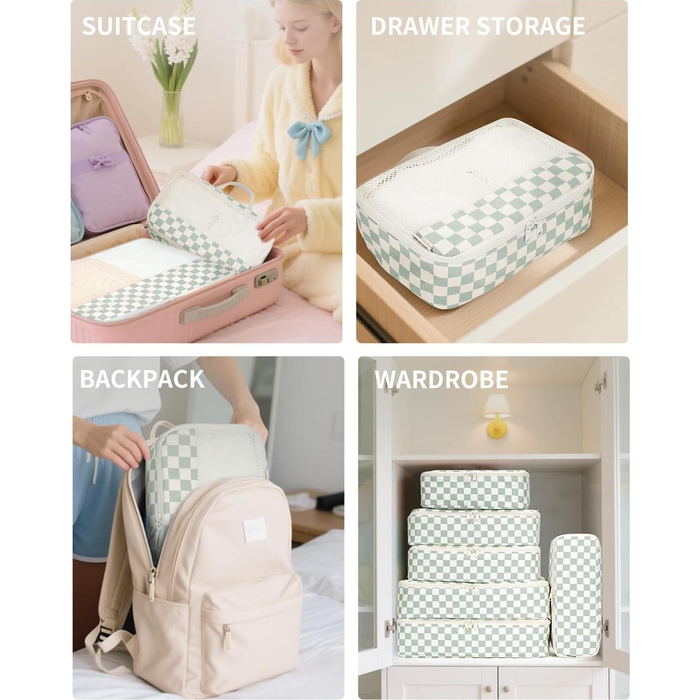 Set de 7 Cubos de Empaque Narwey Cuadros Verde Menta