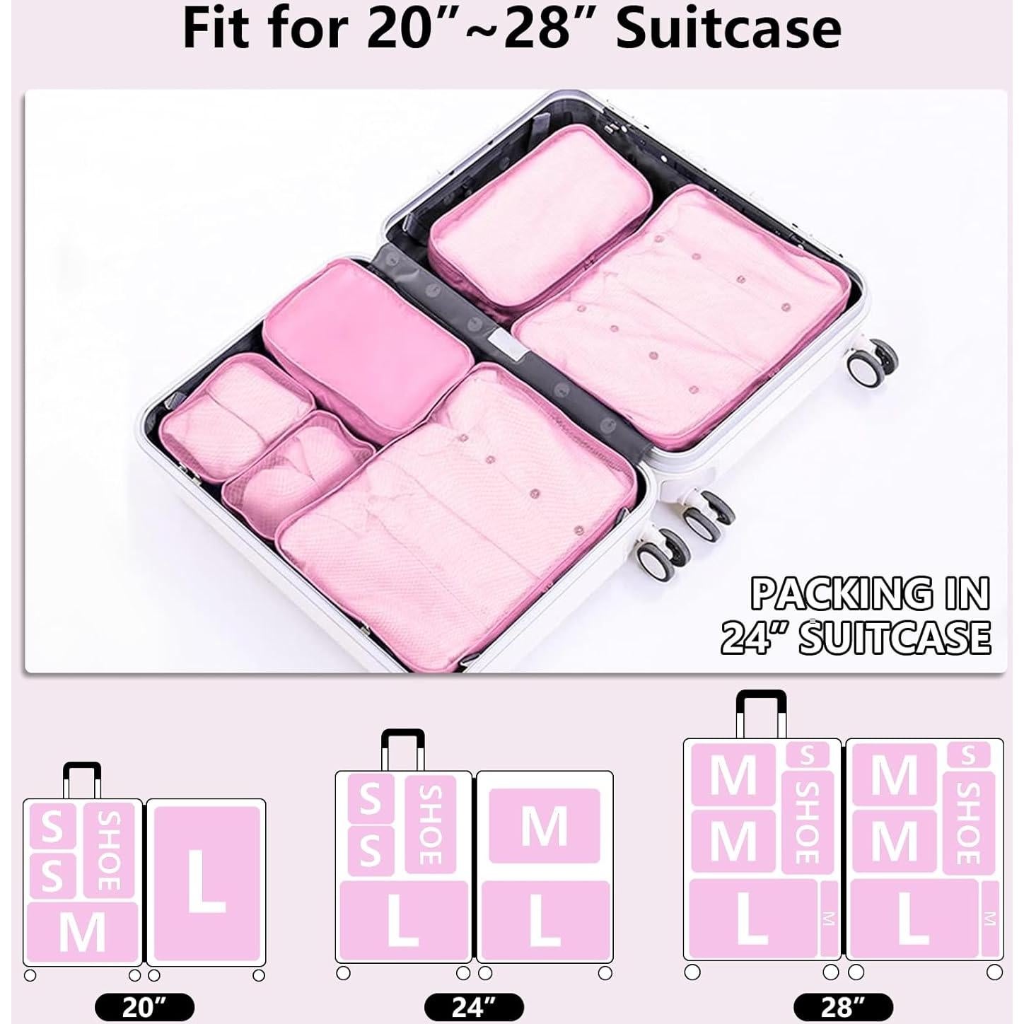 Cubos de Embalaje CALACH 6 Piezas Organizador de Maletas Rosa