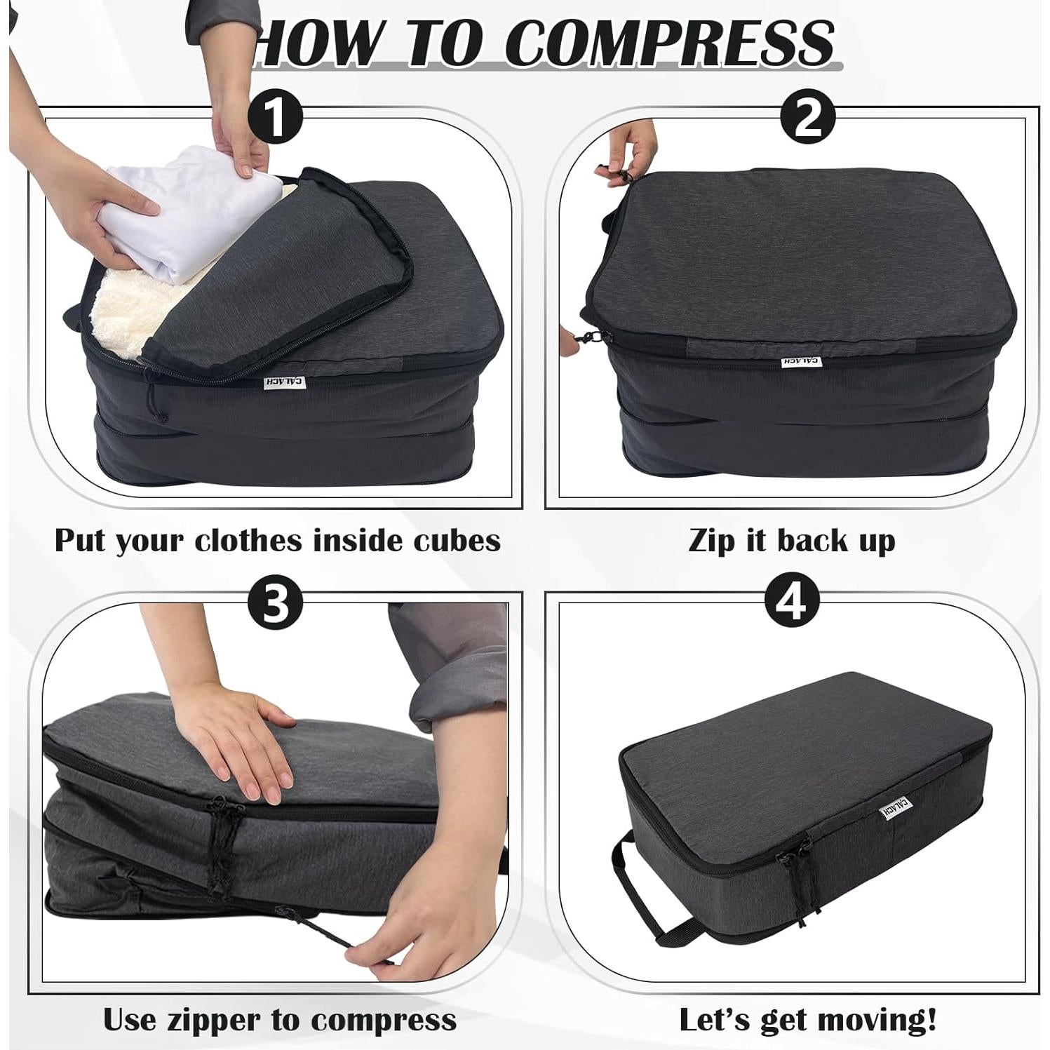 Cubos de Compresión CALACH para Viaje 4 Pcs Negro
