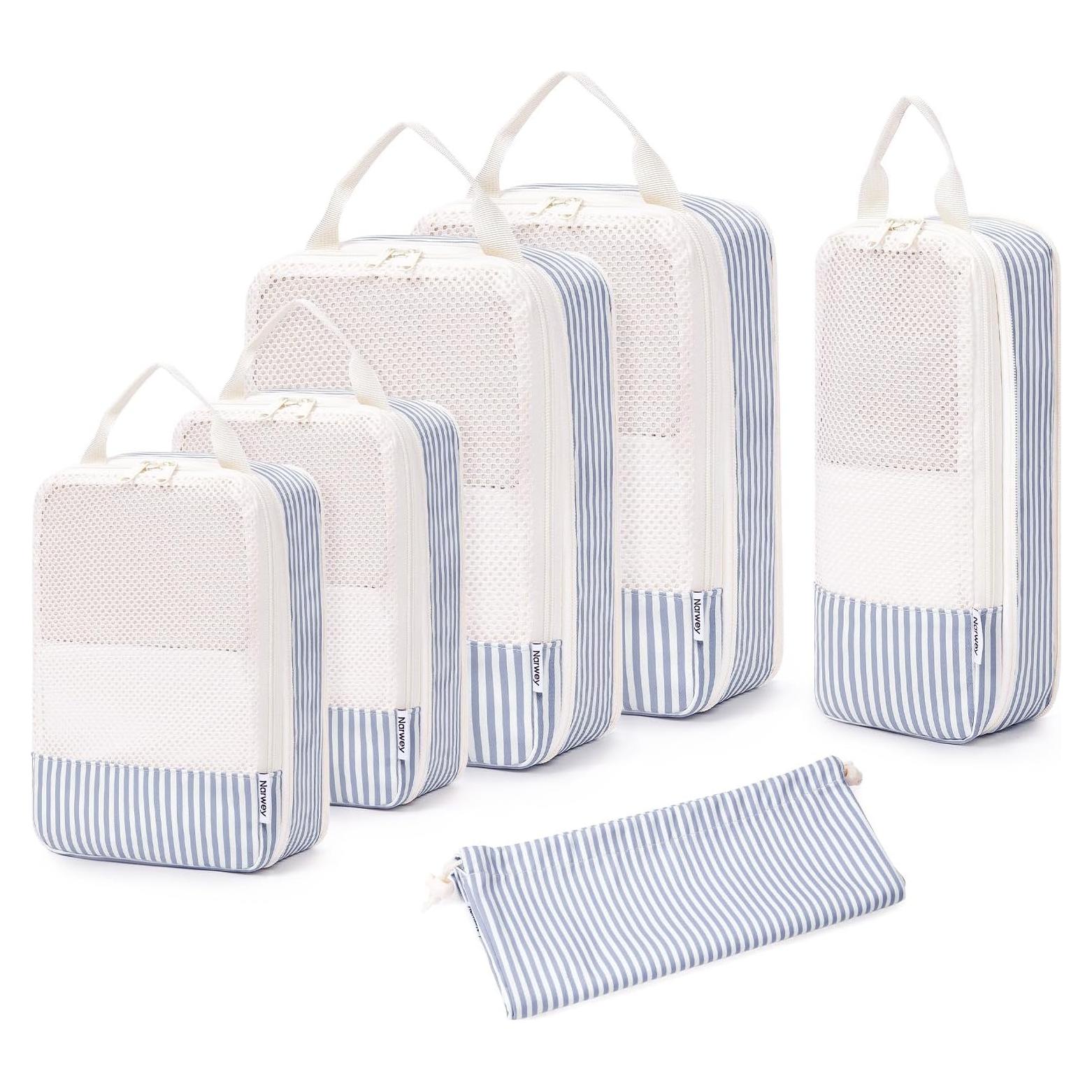 Set de 6 Cubos de Compresión Narwey para Viajes - Rayas Azul Grisáceo