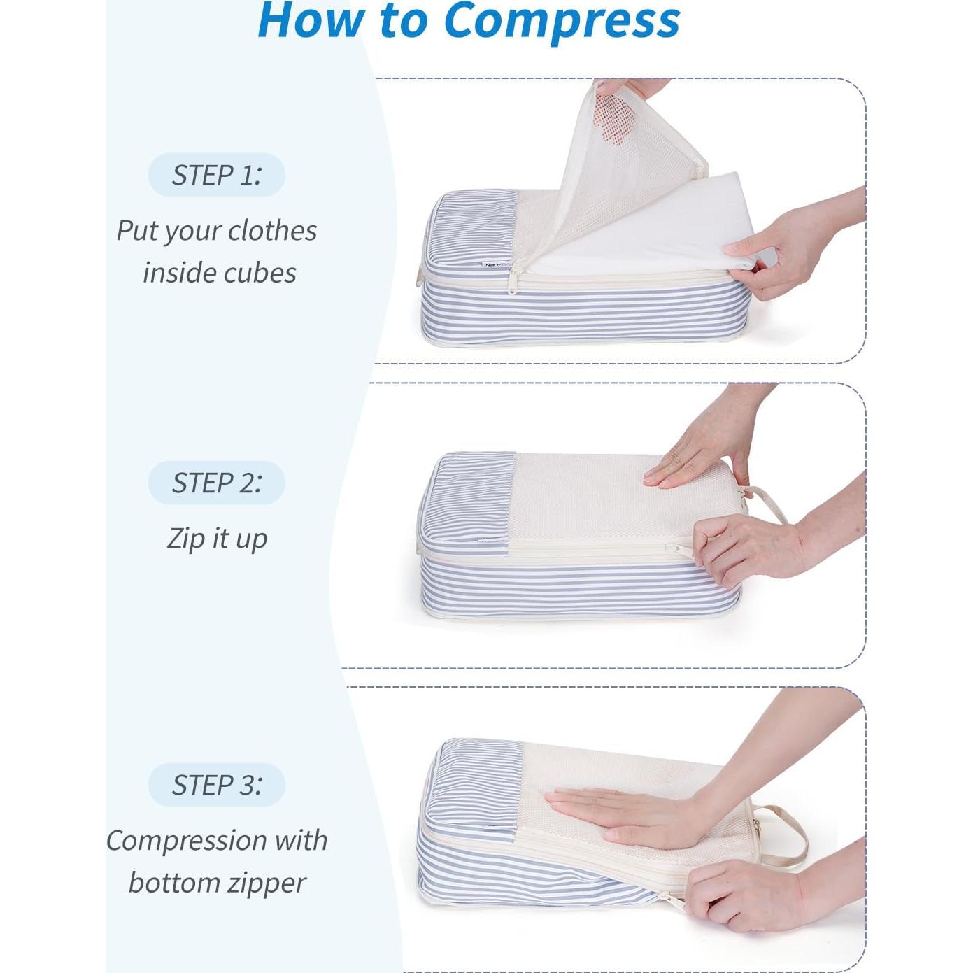 Set de 6 Cubos de Compresión Narwey para Viajes - Rayas Azul Grisáceo