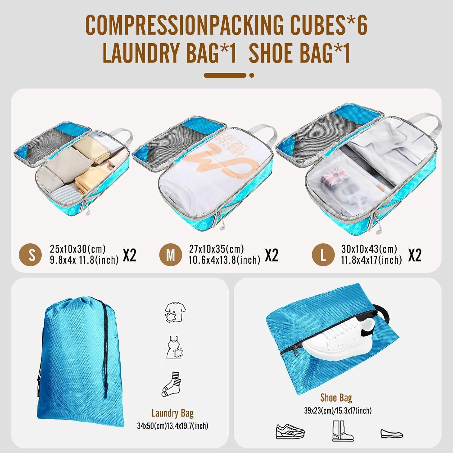 Set de 8 Cubos de Compresión Genérico Azul Cielo para Viaje