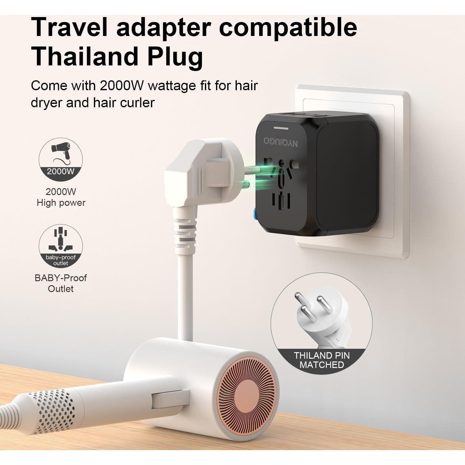Adaptador de Enchufe Universal NYQIUGO con 3 Puertos USB