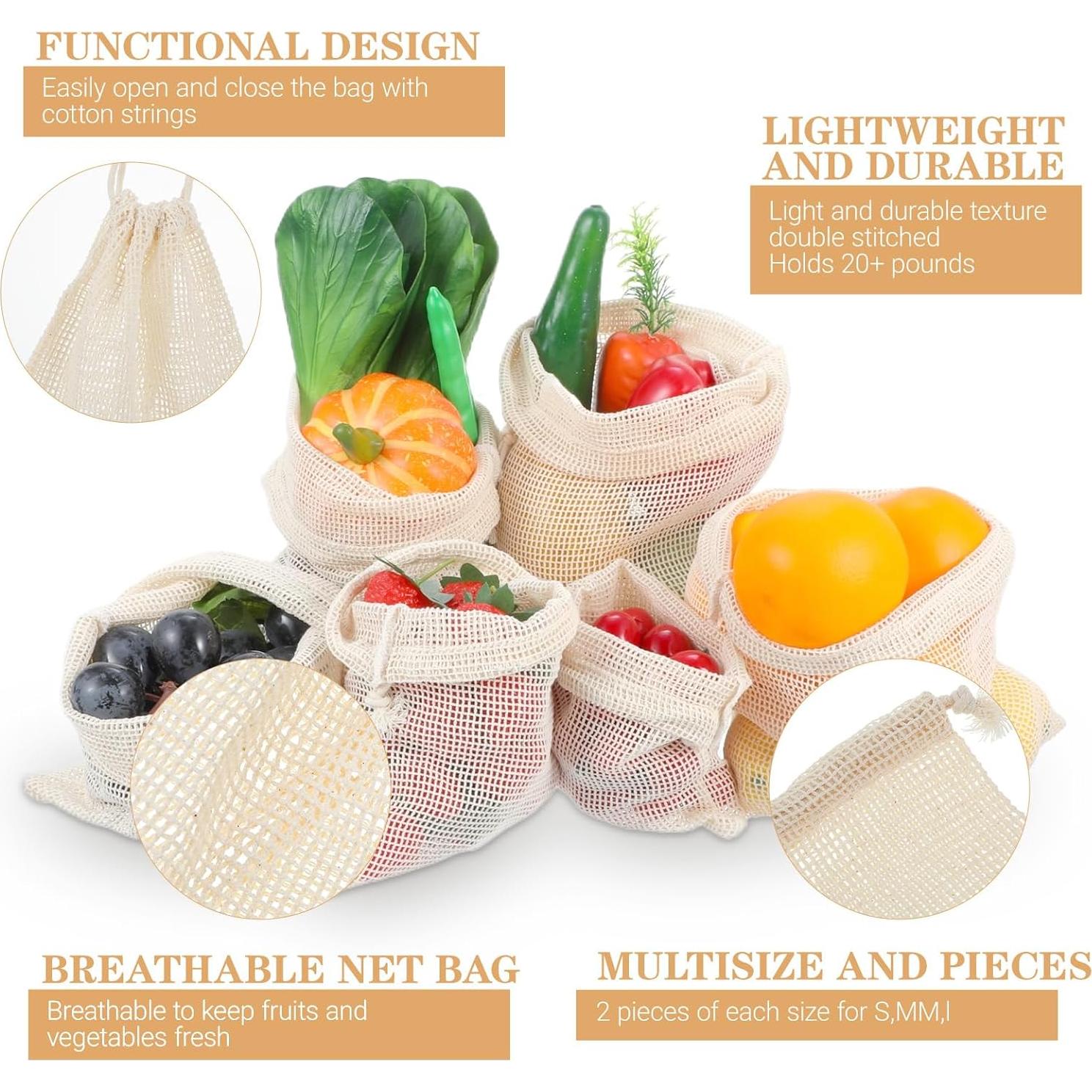 Paquete de 6 Bolsas Reutilizables de Malla Tyqour para Verduras y Frutas