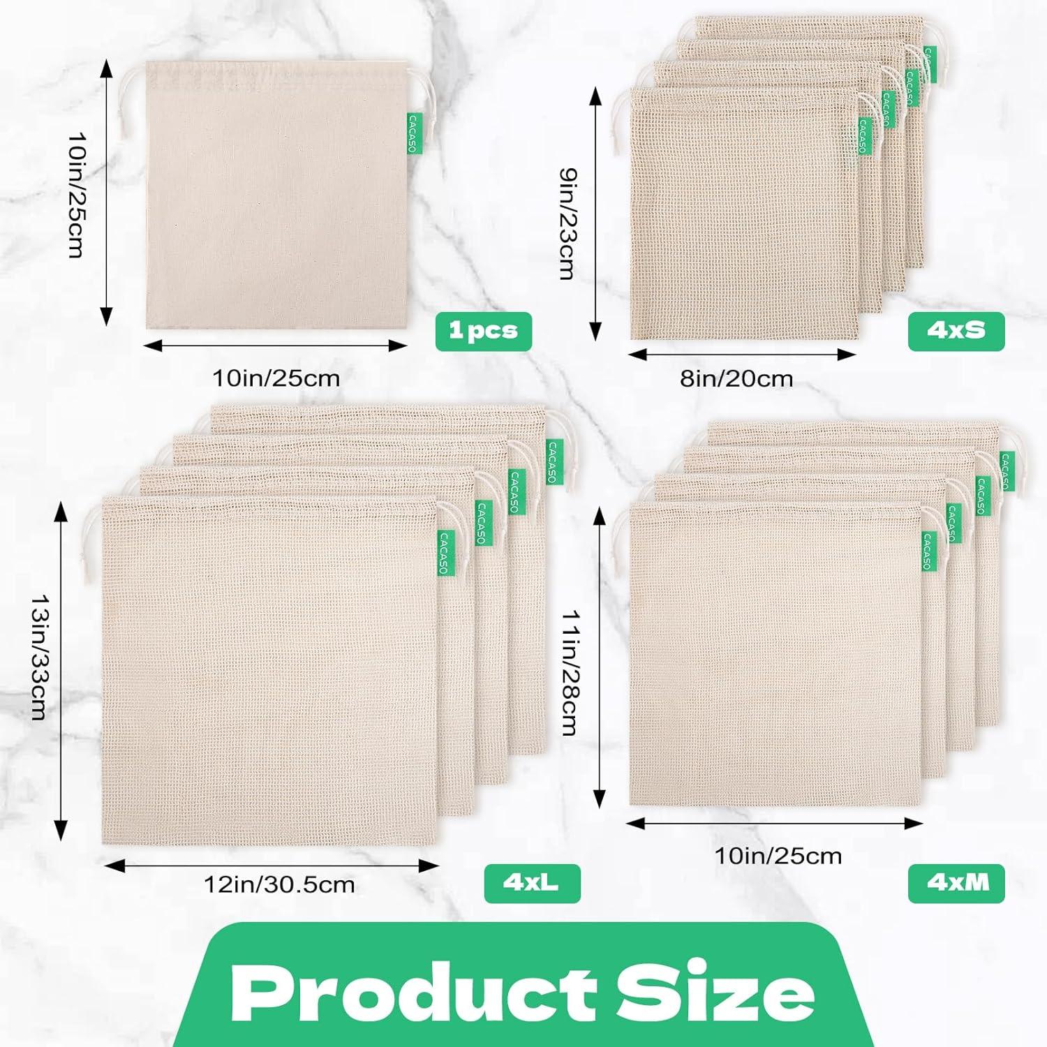 Paquete de 13 Bolsas Reutilizables de Algodón CACASO - 4 Tamaños