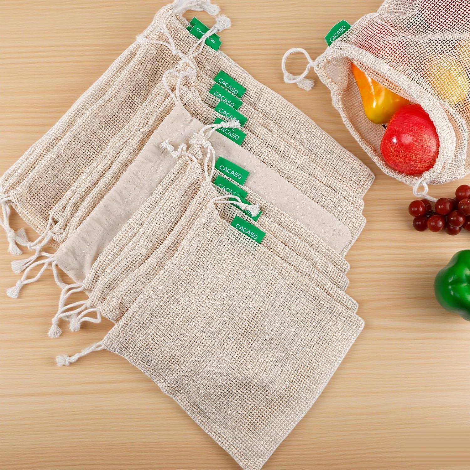 Paquete de 13 Bolsas Reutilizables de Algodón CACASO - 4 Tamaños