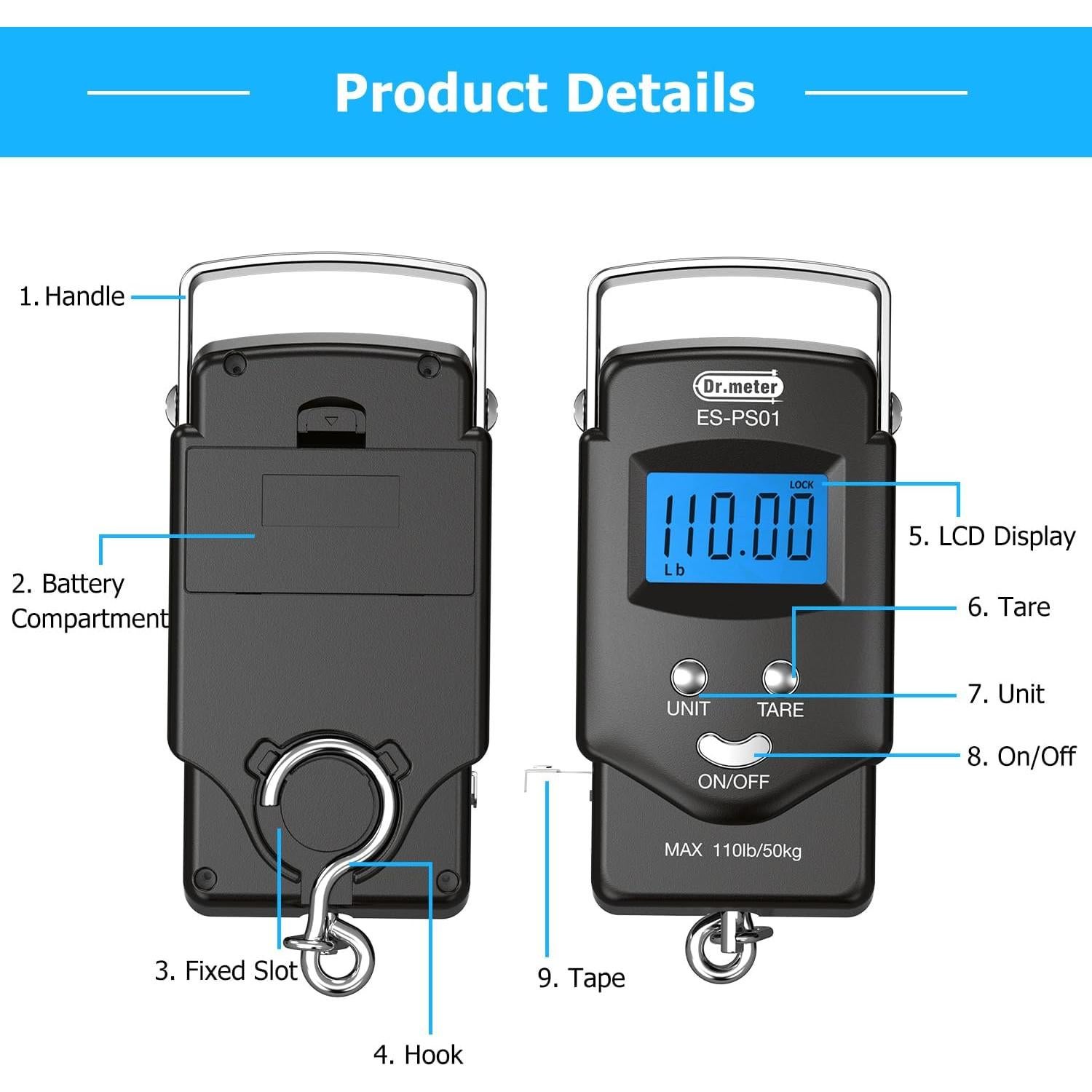 Balanza Digital de Pescado Dr.meter 50kg Pantalla LCD Retroiluminada