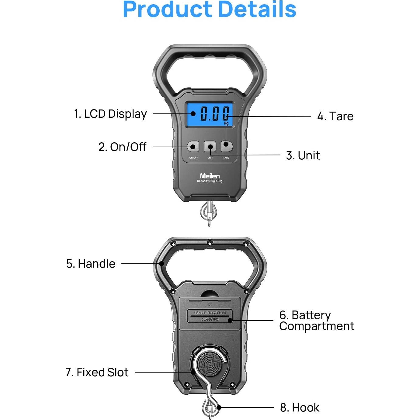 Báscula de Pesca Digital Meilen 50kg Pantalla LCD Retroiluminada