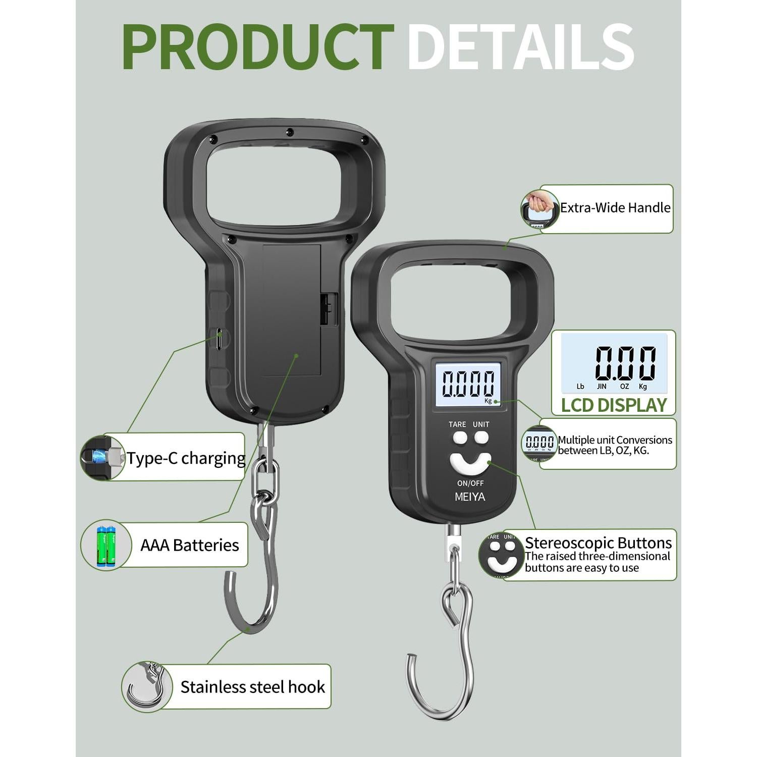 Balanza de Pesca Digital Kaifeng M01-01, 49.9 kg, USB-C, Negro