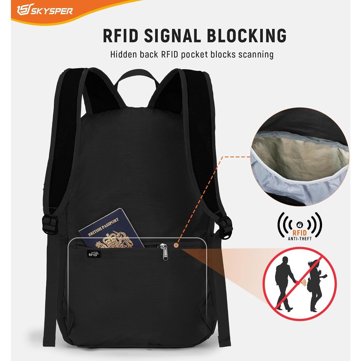 Mochila de Senderismo Plegable SKYSPER 20L Unisex Negra