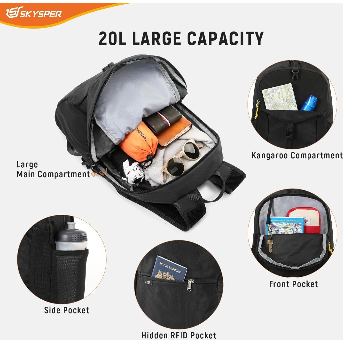 Mochila de Senderismo Plegable SKYSPER 20L Unisex Negra