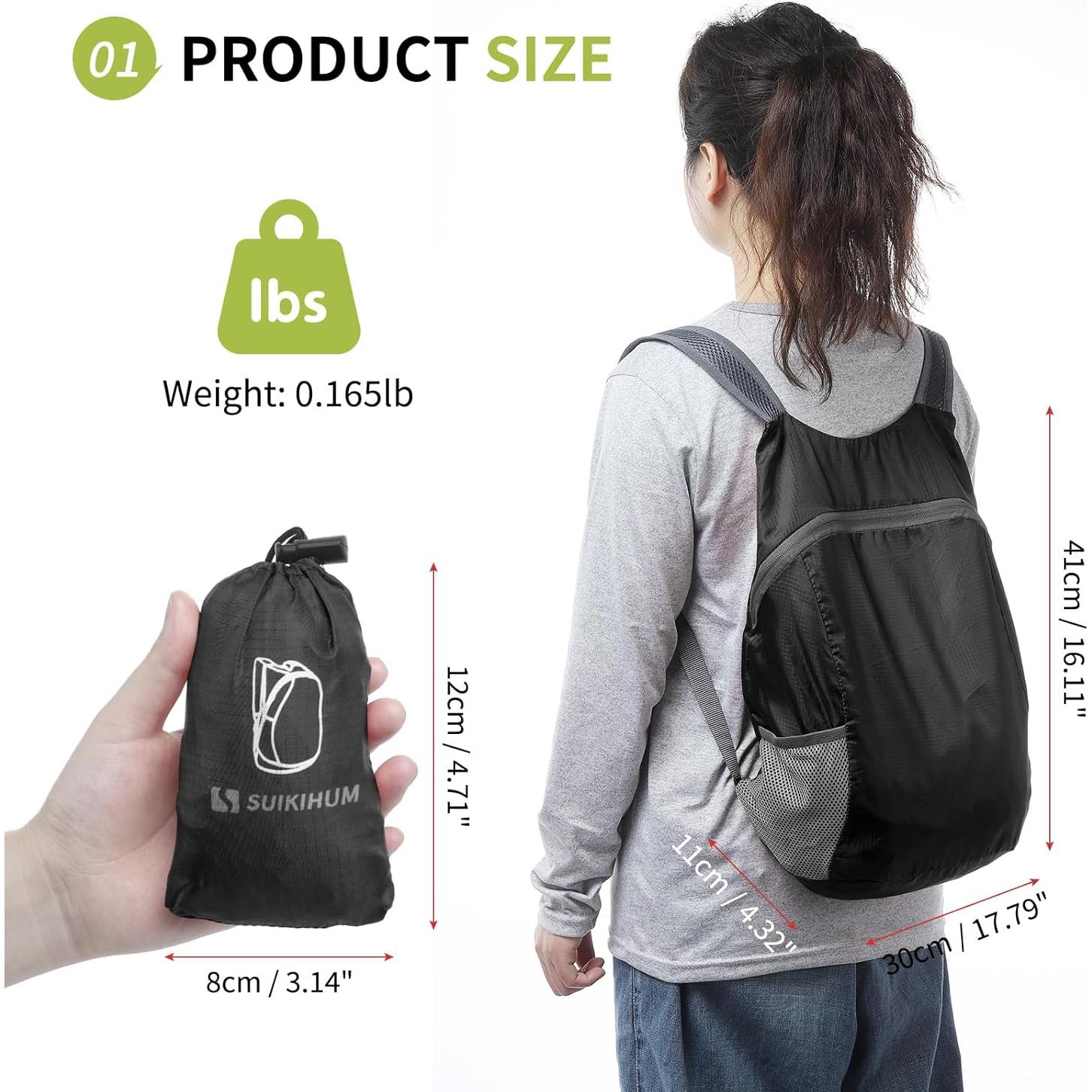 Mochila Plegable de Senderismo 20L SUIKIHUM Negra Ligera