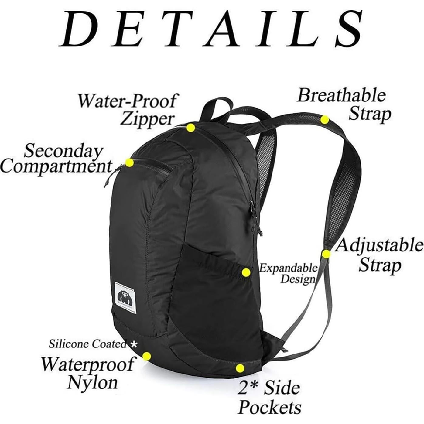 Mochila Plegable 18L Blackpongo Resistente al Agua Negra