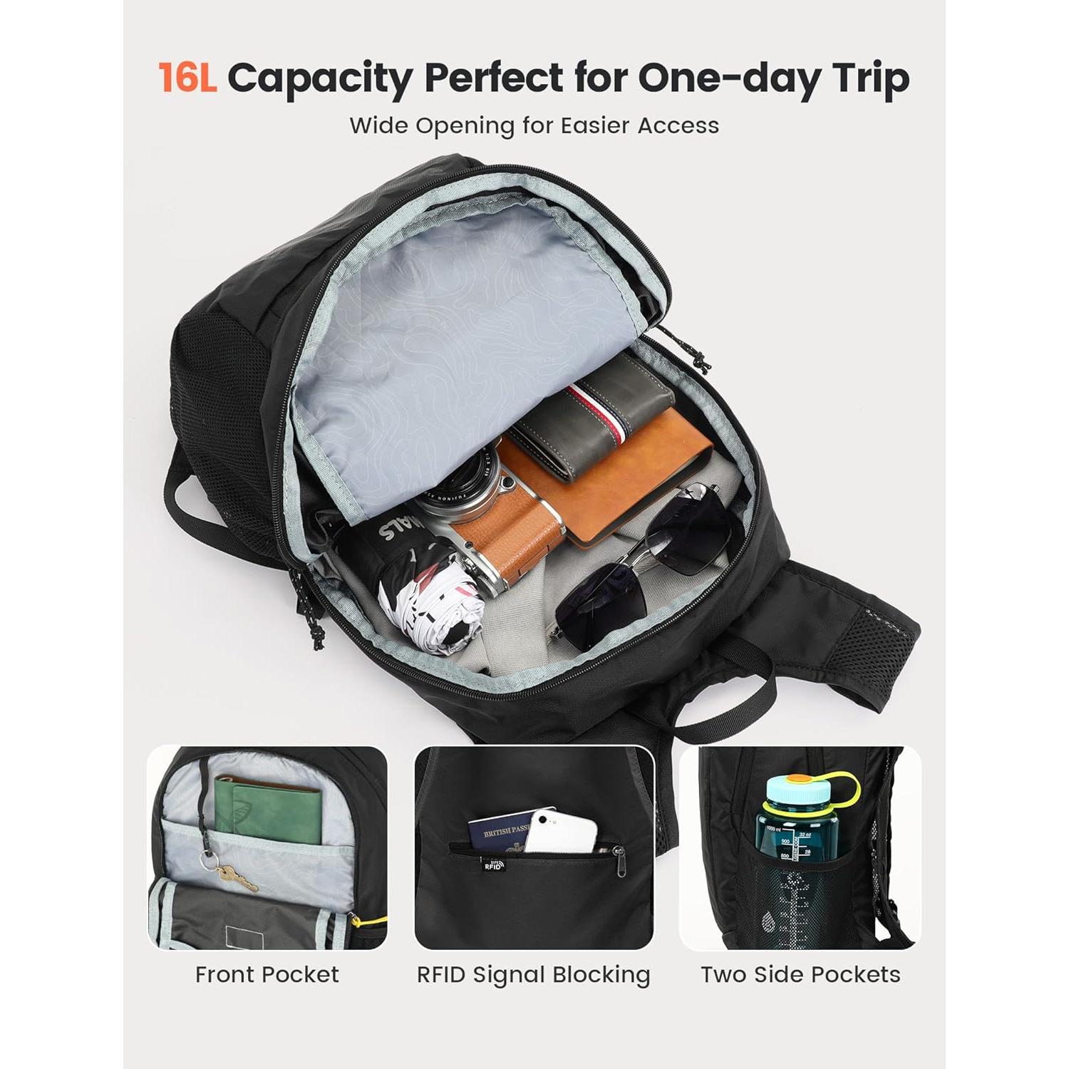 Mochila de Senderismo SKYSPER 16L Plegable Unisex Negra