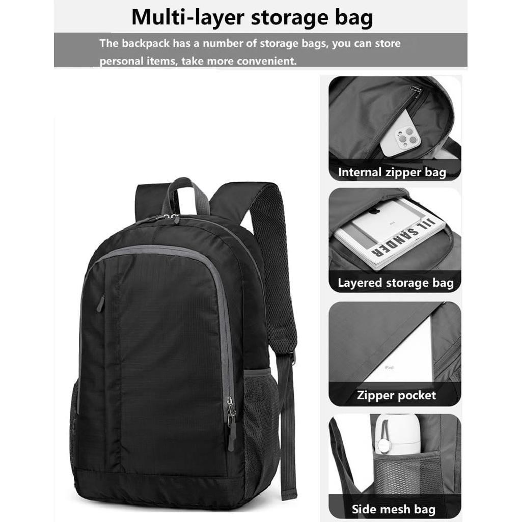 Mochila de Senderismo Plegable 25L Nylon Resistente al Agua Negra