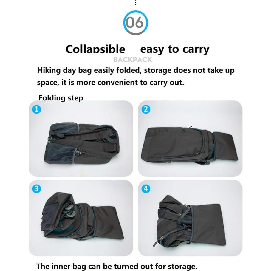 Mochila de Senderismo Plegable 25L Nylon Resistente al Agua Negra