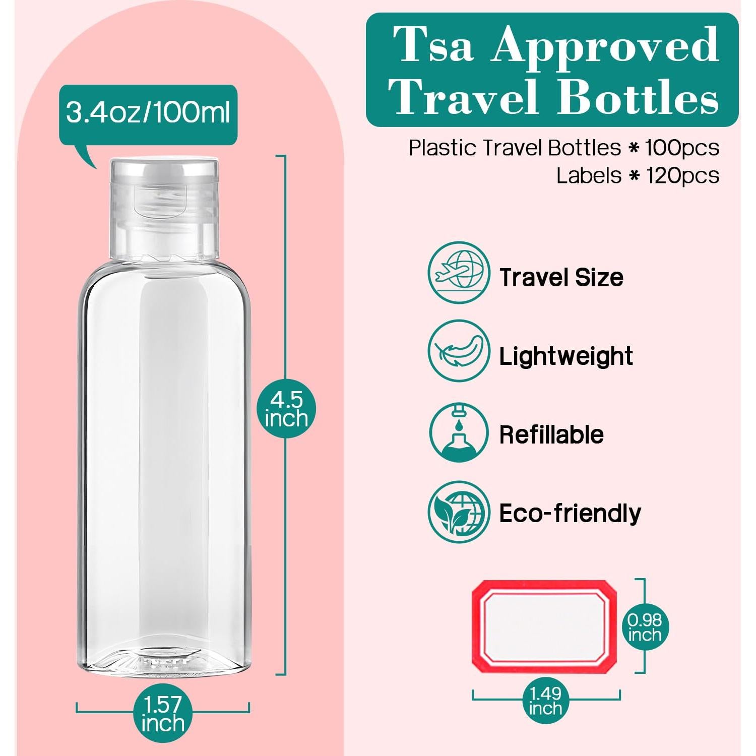 100 Botellas de Viaje 100 ml Plástico Aprobadas por TSA