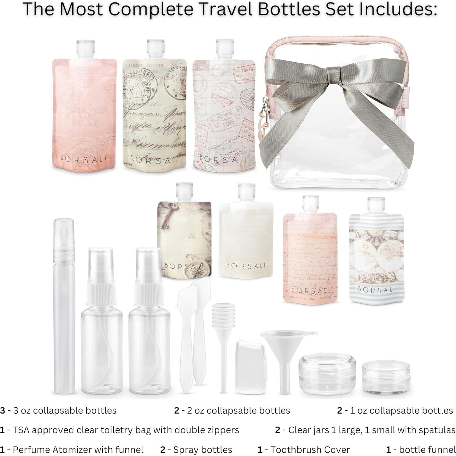 Botellas de Viaje BORSALI 3oz (89ml) Set 18 Piezas TSA