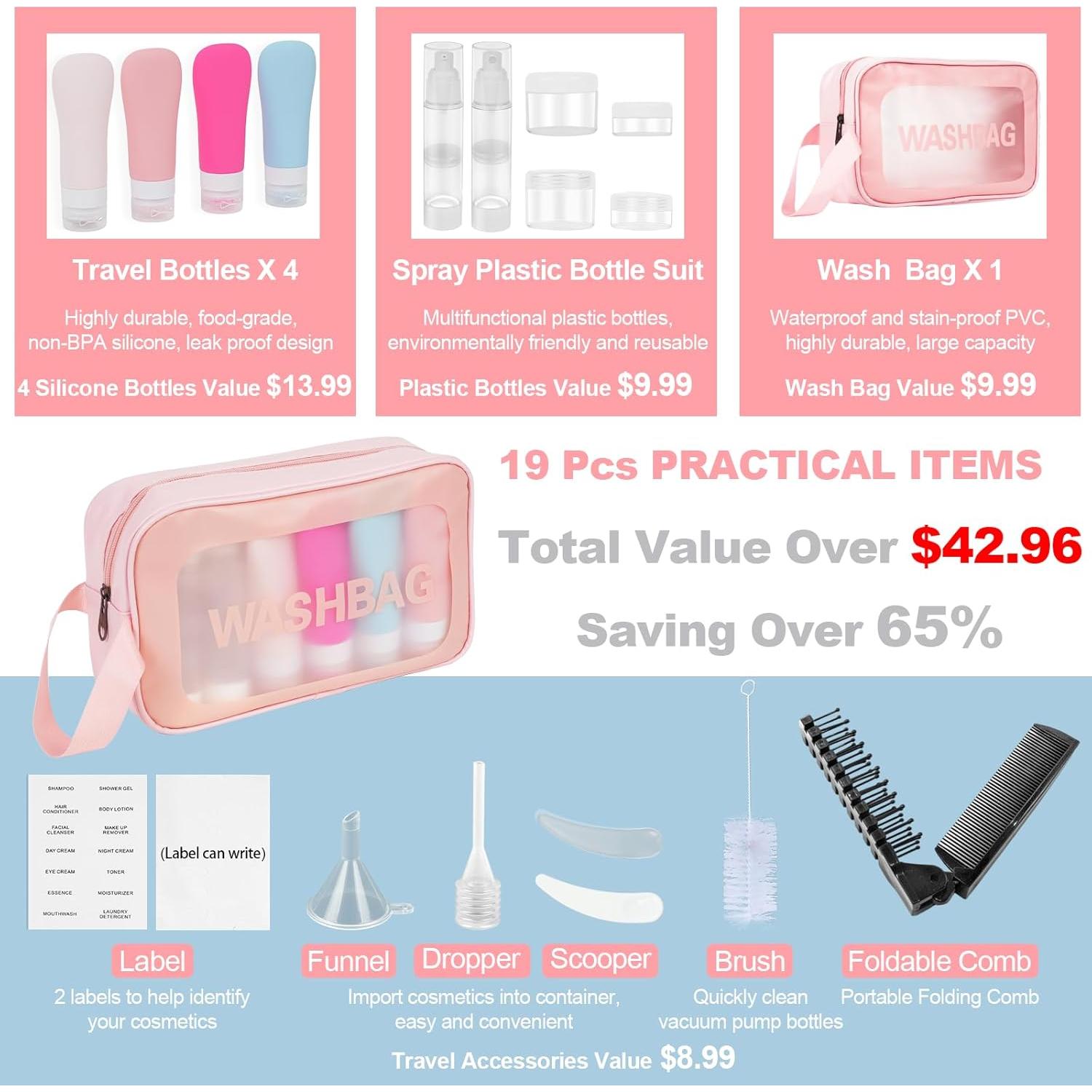 Set de Botellas de Silicona Rosa Helandou 19 Piezas TSA