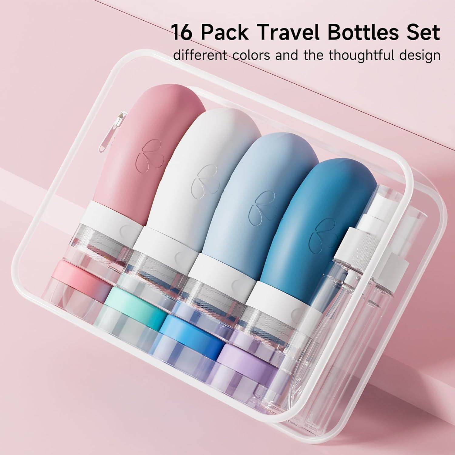 Kit de Botellas de Viaje 16 Piezas Silicona Aprobado TSA Blanco