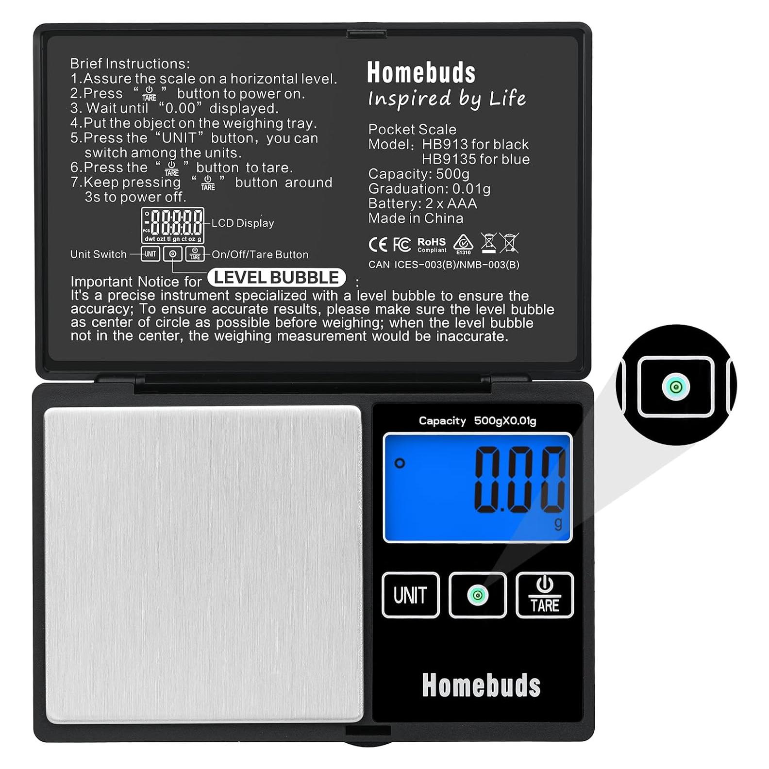 Báscula Digital de Gramos HomeBuds 500g Alta Precisión 0.01g