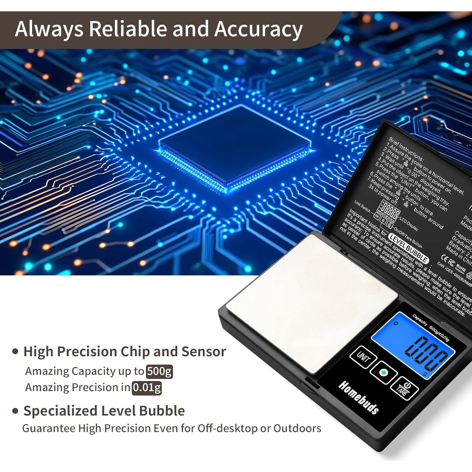Báscula Digital de Gramos HomeBuds 500g Alta Precisión 0.01g