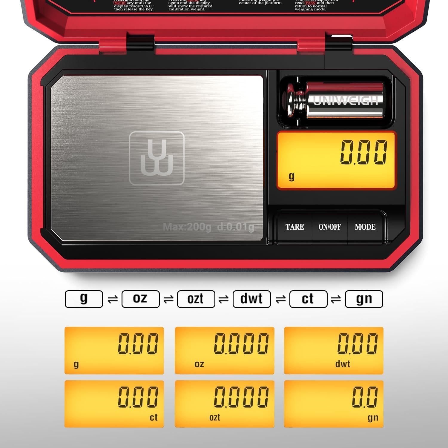 Báscula Digital de Bolsillo UNIWEIGH 200g 0.01g Rojo