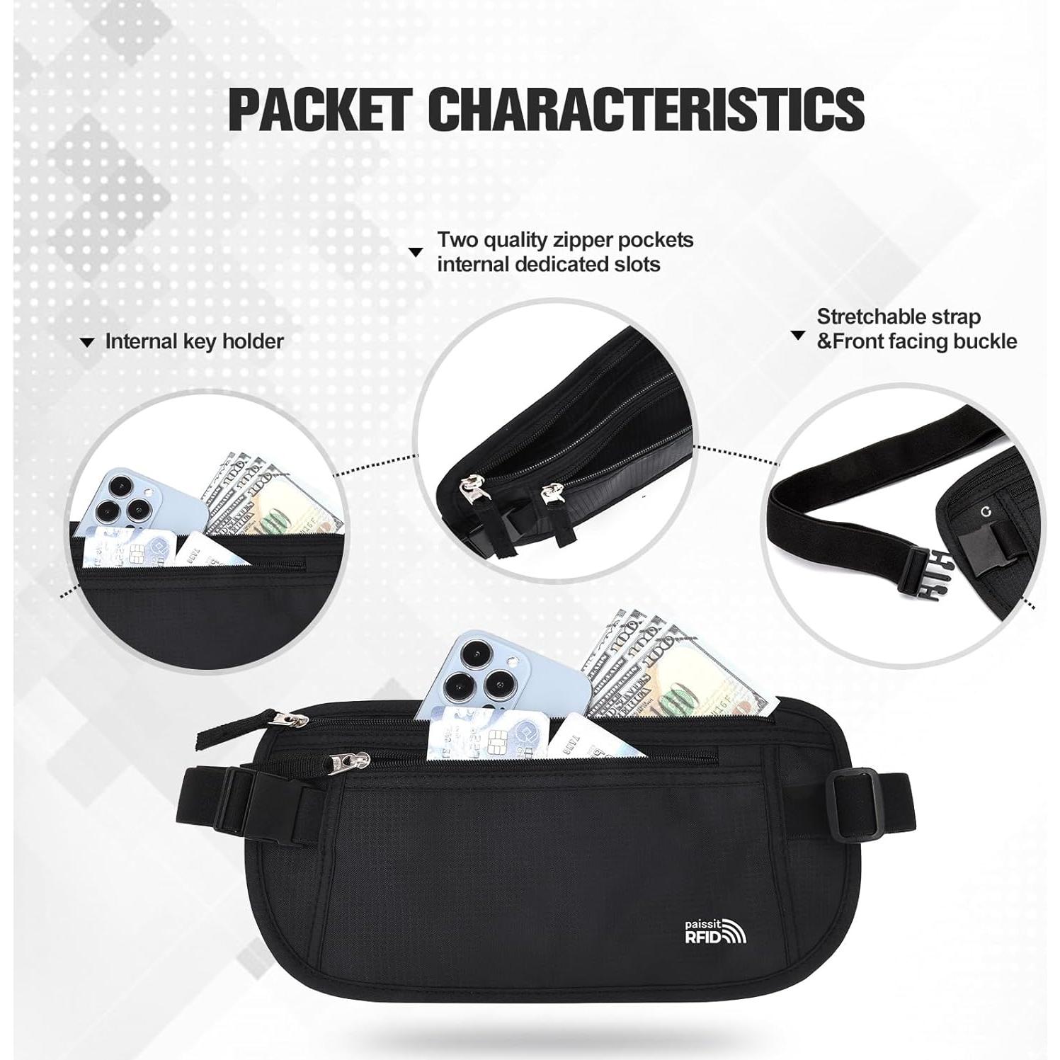 Cinturón de Dinero Unisex Paissit con Bloqueo RFID Negro