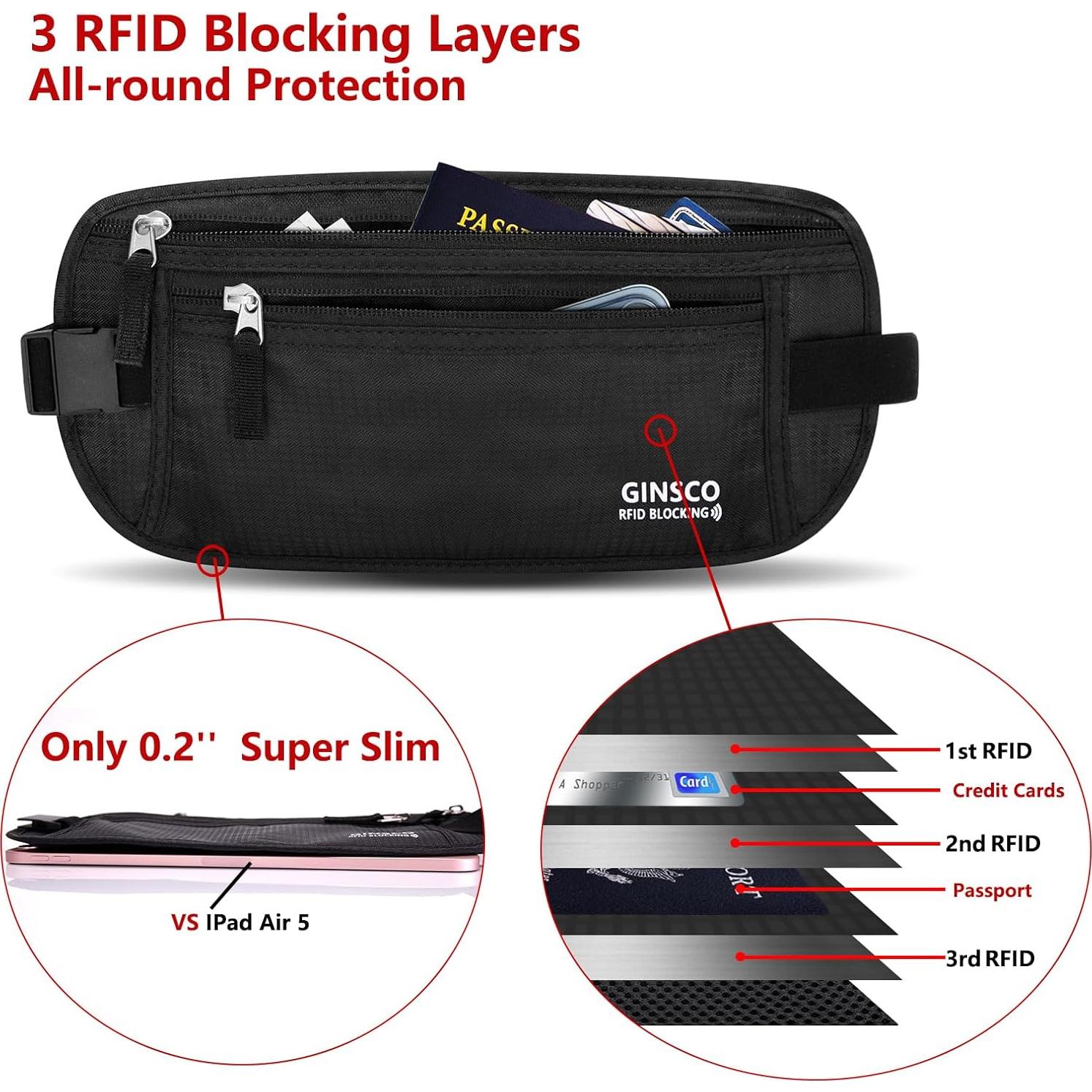 Cinturón de Dinero Oculto Ginsco Unisex Negro Antirrobo 28.5cm