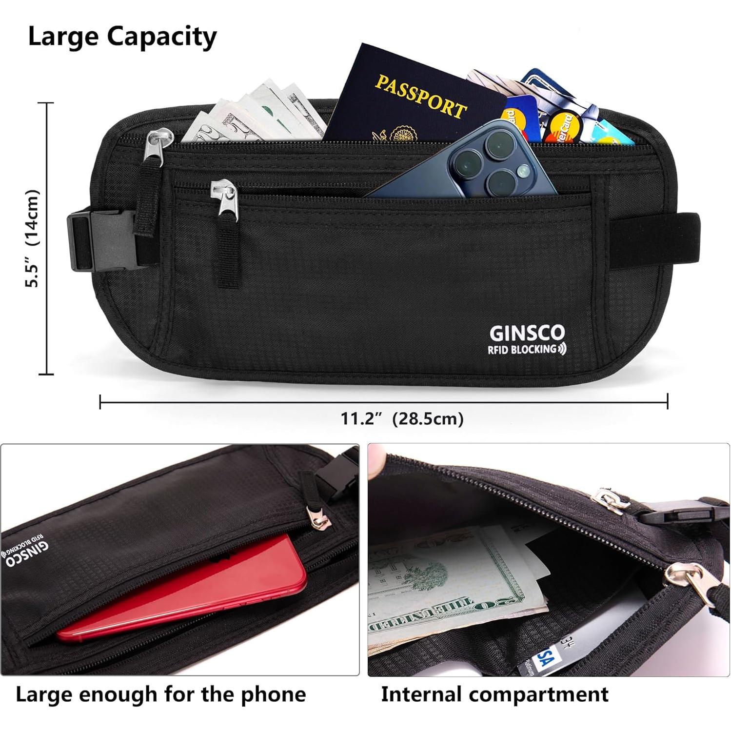 Cinturón de Dinero Oculto Ginsco Unisex Negro Antirrobo 28.5cm