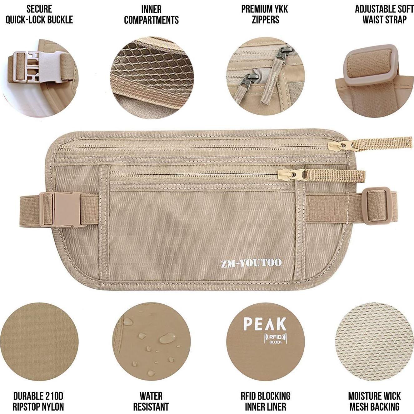 Cinturón de Dinero RFID ZM-YOUTOO Caqui para Viajar