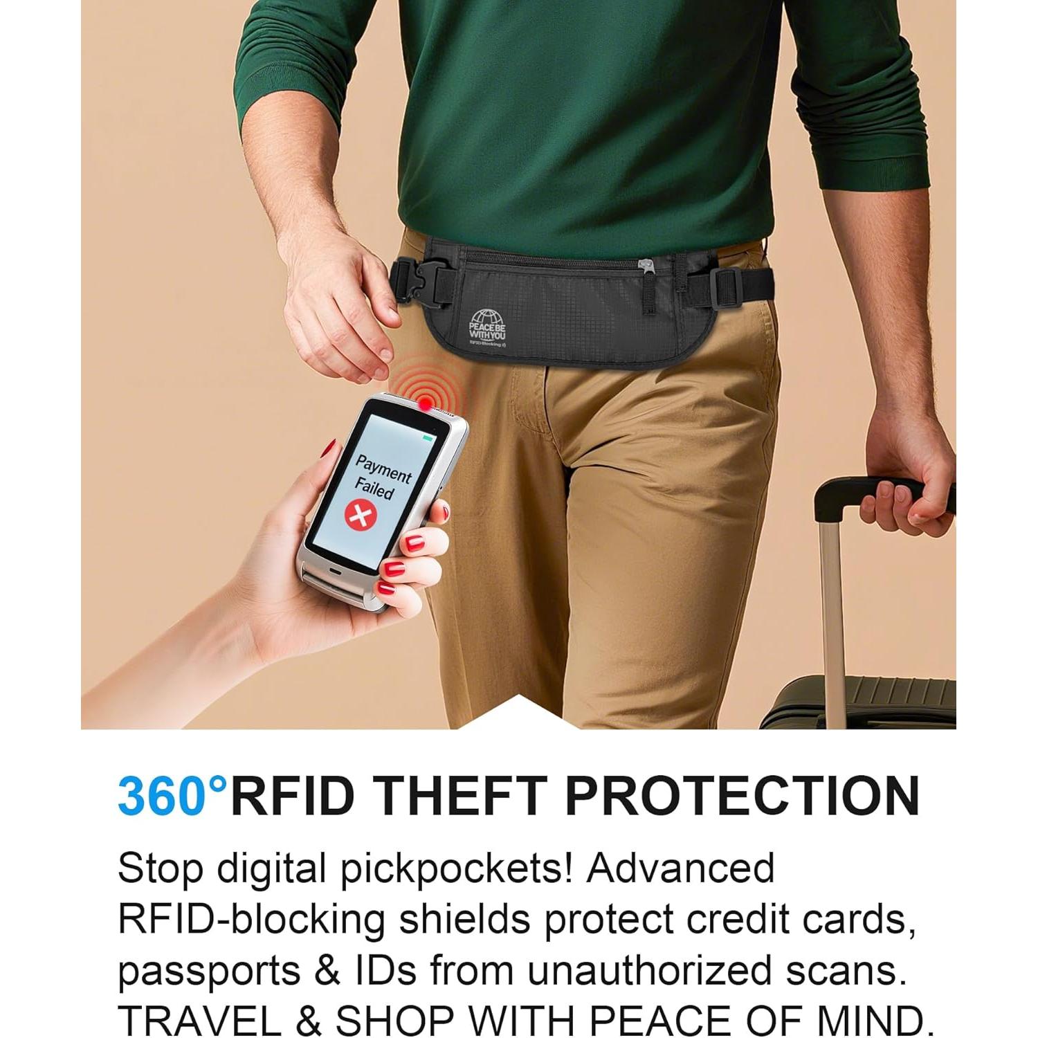 Cinturón de Dinero Oculto RFID Bamneat Negro, Resistente al Sudor