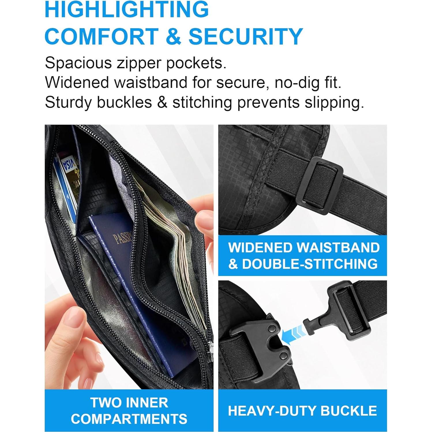 Cinturón de Dinero Oculto RFID Bamneat Negro, Resistente al Sudor