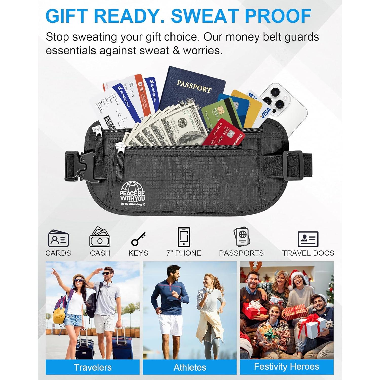 Cinturón de Dinero Oculto RFID Bamneat Negro, Resistente al Sudor